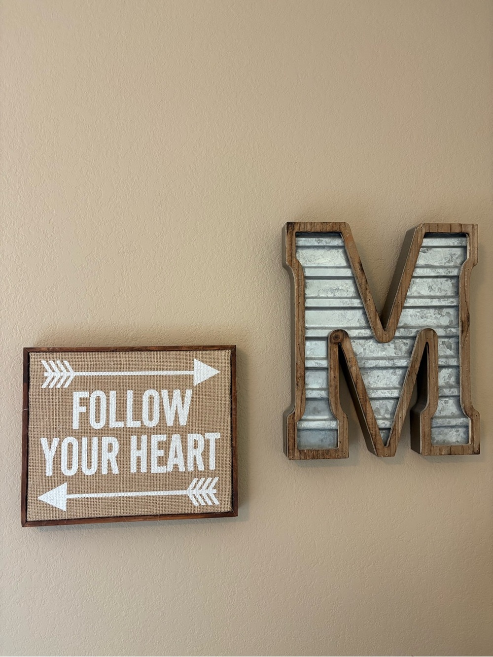 Neutral Tan "Follow Your Heart" Burlap Wall Sign & Rustic Metal Letter M Set